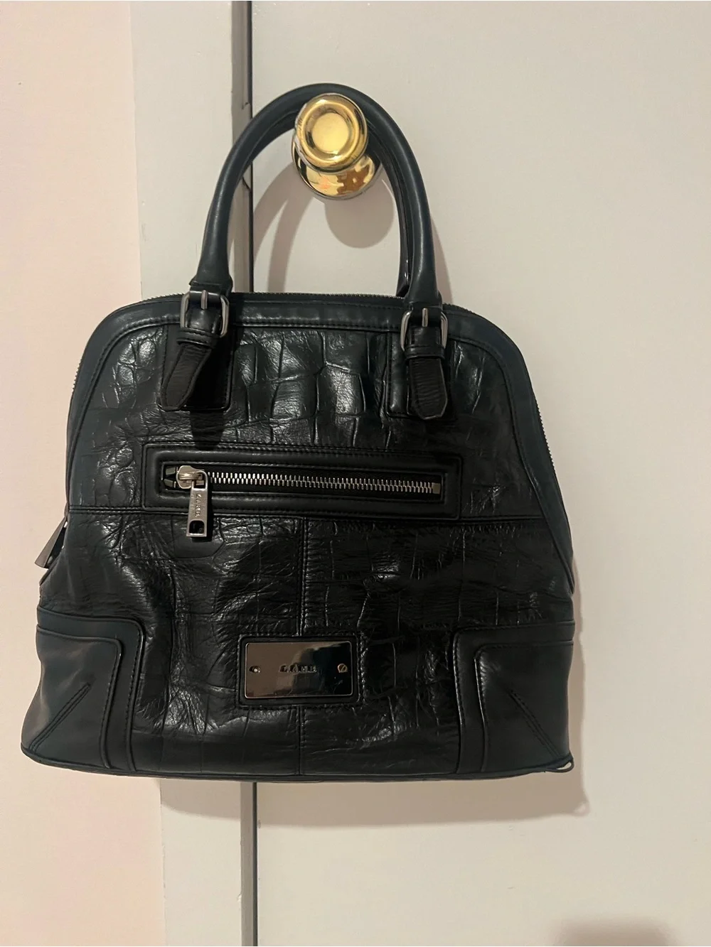 L.A.M.B. Black Textured Leather Satchel with Front Zip Pocket